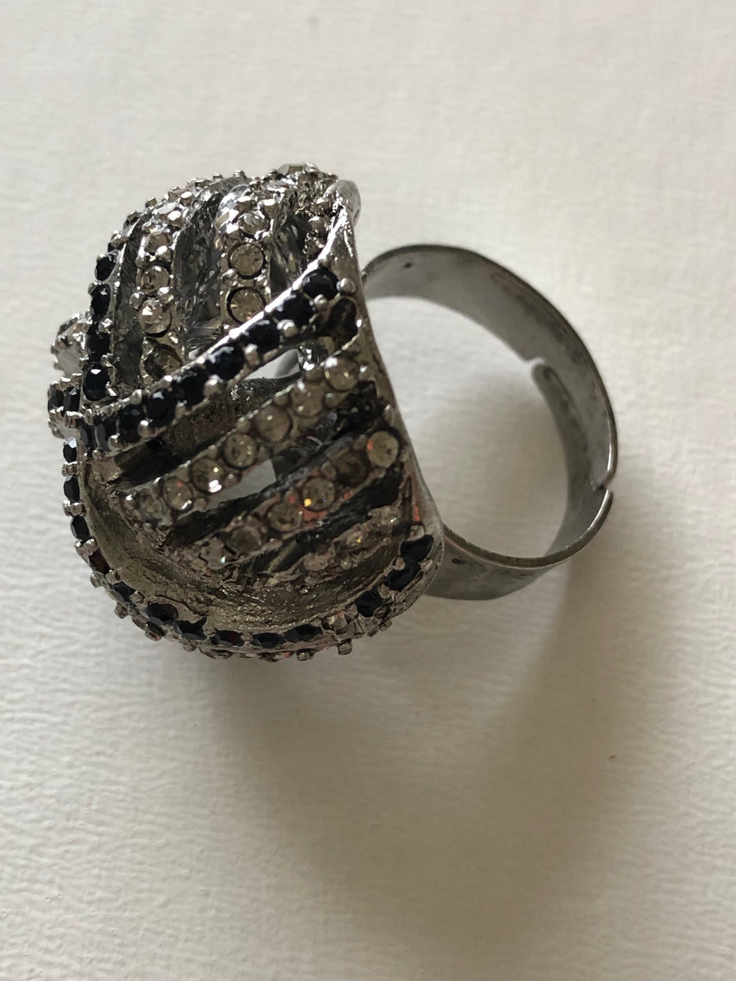 Jet and Clear Crystal Woven Silver Ring